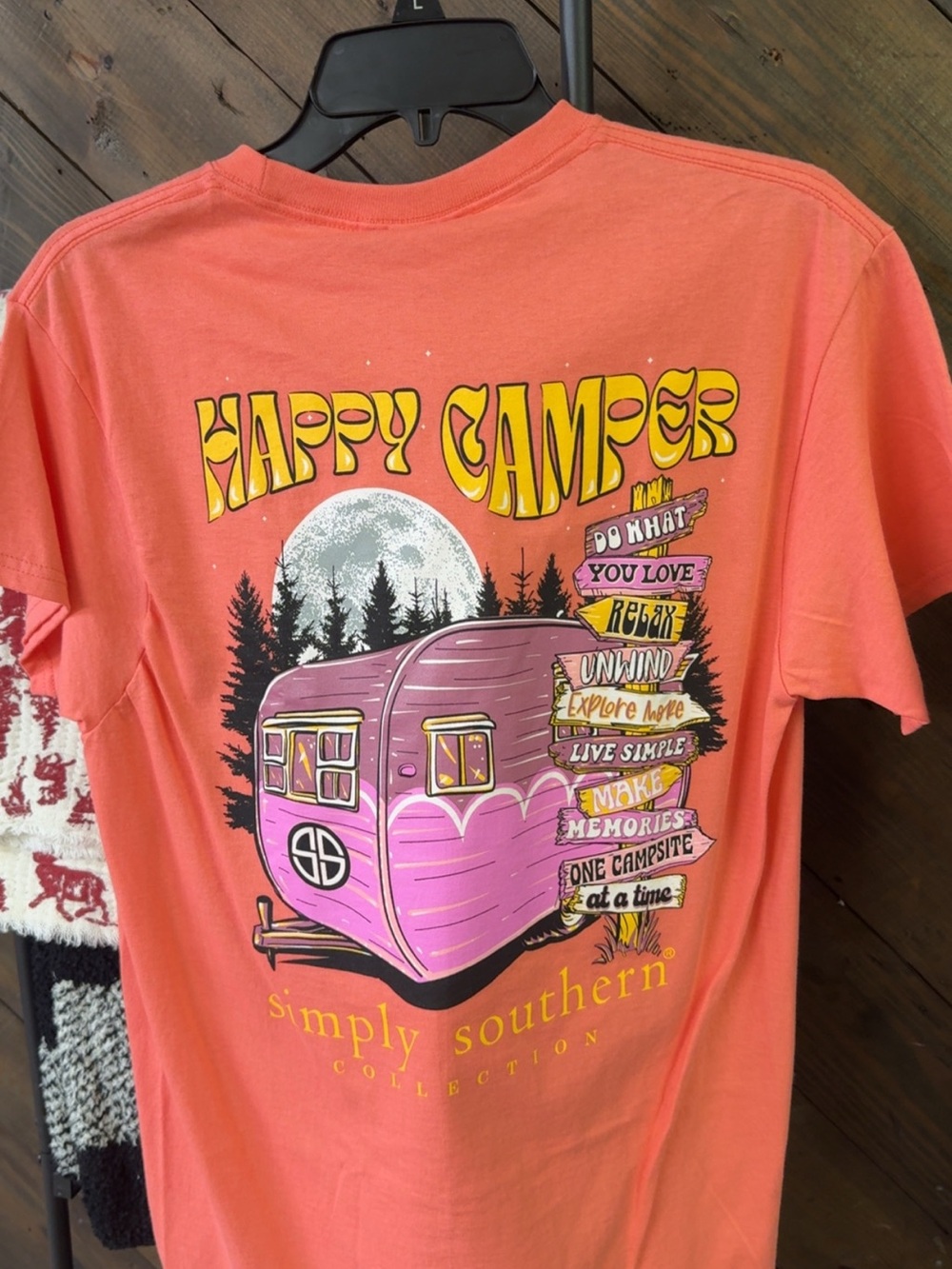 Simply Southern Coral Tee with Pink Camper "Happy Camper" Graphic